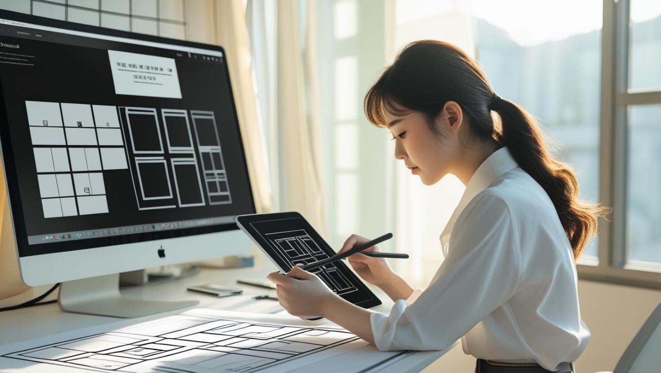 Korean artist sketches digital grids in bright studio with computer and tablet.