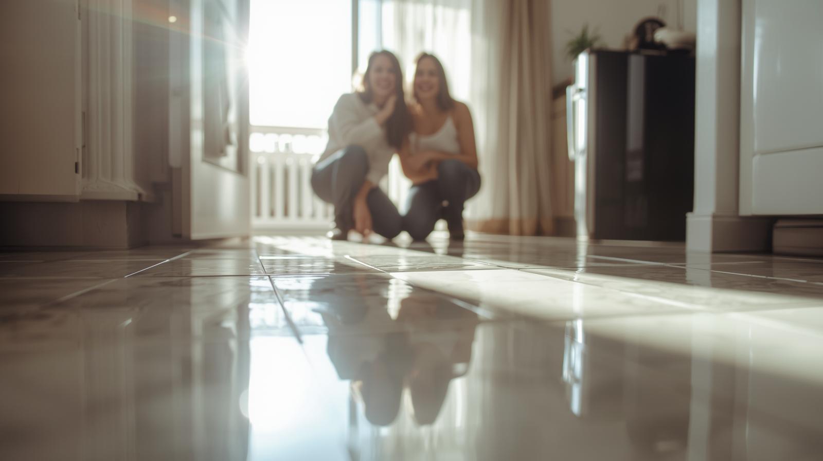 Smiling couple admiring freshly cleaned tiled floor in bright sunlit Brisbane home.