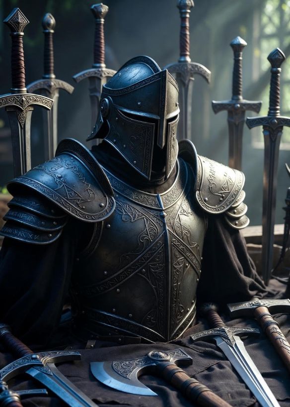 rune-engraved armor and weapons from a dark fantasy game