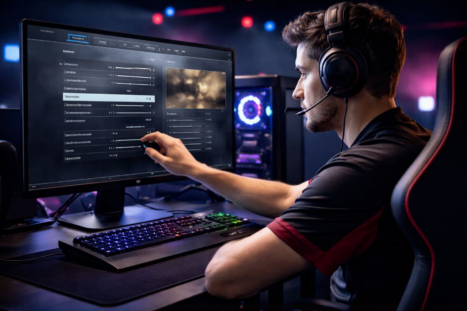 A professional gamer adjusting settings on a large monitor